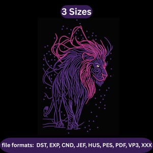 May include: A digital design of a lion in profile, rendered in purple and pink neon lines against a black background. The image includes the text "3 Sizes" at the top and file format information at the bottom.