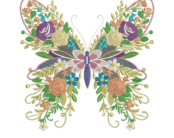 Floral Butterfly Machine Embroidery Design, Butterfly Embroidery Pattern, Embroidery file, Summer Embroidery, 3 Sizes, Instant Download