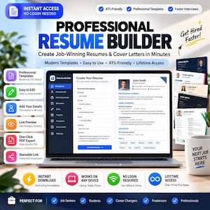Può includere: Un'interfaccia software professionale per la creazione di curriculum visualizzata sullo schermo di un portatile, con una dashboard per creare curriculum e lettere di presentazione. Lo schermo mostra campi per informazioni personali.