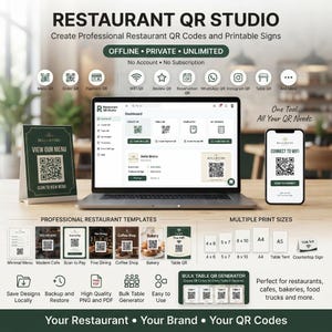 Op de afbeelding: Restaurant QR Studio software-interface op een laptop, met een dashboard voor het maken van QR-codes. Inclusief een tafelstandaard, een smartphone met een wifi-QR-code en diverse sjablonen voor menu's, betalingen en tafels.