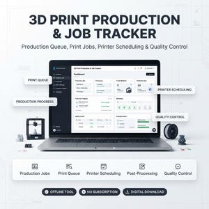 May include: A laptop displaying a 3D Print Production & Job Tracker dashboard with labels for Print Queue, Production Progress, Printer Scheduling, and Quality Control. The screen shows data tables, status bars, and icons for production management.