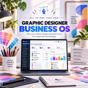 Könnte beinhalten: Ein Laptop zeigt ein Business-Dashboard für Grafikdesigner mit dem Text "ALL-IN-ONE TOOL FOR GRAPHIC DESIGNER BUSINESS OS". Der Bildschirm zeigt Projektmetriken, Kundenaufgaben und Aktivitäten. Ein Stiftehalter, Farbfächer und ein Notizbuch sind vorhanden.