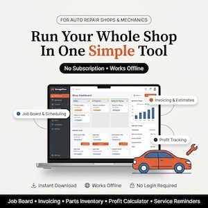 Può includere: Un computer portatile che mostra il software GarageFlow per officine di riparazione auto. L'interfaccia include gestione lavori, pianificazione, fatturazione, preventivi e monitoraggio profitti. Testo: Run Your Whole Shop In One Simple Tool.