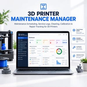 Op de afbeelding: Een laptopscherm toont het 3D Printer Maintenance Manager dashboard, met secties voor onderhoudsplanning, servicelogboeken, reiniging, kalibratie en reparatietracking. De interface bevat gegevensgrafieken, de gezondheidsstatus van printers en kostensamenvattingen.