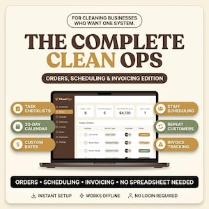 Może przedstawiać: Cyfrowa grafika oprogramowania Clean Ops z laptopem wyświetlającym pulpit nawigacyjny zamówień. Tekst zawiera: FOR CLEANING BUSINESSES WHO WANT ONE SYSTEM. THE COMPLETE CLEAN OPS ORDERS, SCHEDULING & INVOICING EDITION. Zawiera listy kontrolne zadań i harmonogramy.