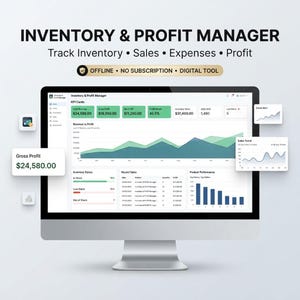 May include: A computer monitor displaying an Inventory & Profit Manager dashboard with KPI cards, revenue vs profit line graphs, inventory status bars, recent sales tables, and product performance bar charts. Text includes "INVENTORY & PROFIT MANAGER".