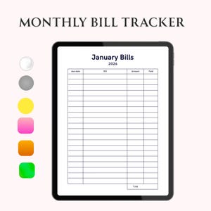 以下が含まれることがあります： 黒いタブレットには、「月間請求書トラッカー」と2026年1月の請求書テンプレートが表示されています。テンプレートには、期日、請求書、金額、支払い済みの列が含まれています。左側にはカラフルなアイコンがあります。