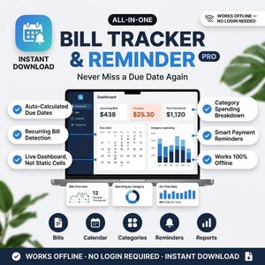May include: A digital bill tracker and reminder pro dashboard displayed on a laptop screen. The interface features a calendar, spending charts, and financial summaries. Text includes All-In-One Bill Tracker & Reminder Pro, Auto-Calculated Due Dates, Recurring Bill Detection, Live Dashboard, Category Spending Breakdown, Smart Payment Reminders, and Works 100% Offline.