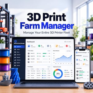 May include: A laptop and a smartphone displaying the 3D Print Farm Manager dashboard software. The screen shows printer status, fleet utilisation graphs, and print queue data. The text 3D Print Farm Manager is visible above the devices.