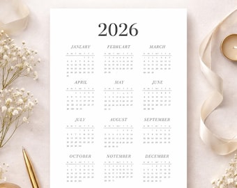 2026 Minimalist Calendar Printable, One-Page Layout (PDF Download)