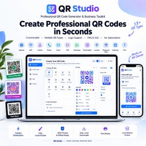May include: A digital interface for QR Studio, a professional QR code generator. The display shows a laptop and smartphone screen with customization tools, various QR code icons, and text labels including Create Professional QR Codes in Seconds.