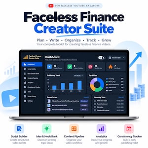 May include: A laptop screen displaying the Faceless Finance Creator Suite dashboard with dark mode interface, featuring analytics charts, a publishing trend graph, and task lists. The text reads Faceless Finance Creator Suite, Plan, Write, Organize, Track, Grow, and lists various content management tools for YouTube creators.