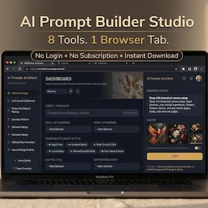 Peut inclure: Un écran d'ordinateur portable affichant le tableau de bord AI Prompt Builder Studio avec le texte AI Prompt Builder Studio, 8 Tools. 1 Browser Tab., et No Login • No Subscription • Instant Download. L'interface présente un thème sombre avec divers champs de saisie pour la génération de prompts, incluant des options de sujet, de style et de palette de couleurs.