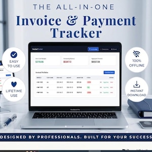 May include: A laptop displaying an Invoice & Payment Tracker software interface with columns for invoice numbers, client names, dates, and amounts. The screen shows financial data, while circular icons highlight features like easy to use, 100% offline, and instant download.