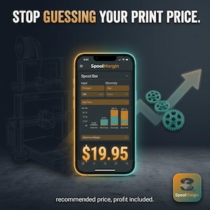 May include: A smartphone displaying the SpoolMargin app interface with a bar chart showing print costs, electricity, and Etsy fees. The screen shows the text STOP GUESSING YOUR PRINT PRICE and $19.95. A 3D printer outline and gears are visible.