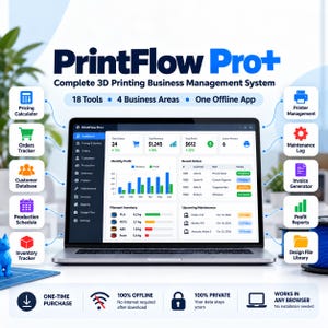 May include: A laptop displaying the PrintFlow Pro+ 3D printing business management system dashboard. The screen shows charts, order lists, and filament inventory. Surrounding icons detail 18 tools, 4 business areas, and offline app features.