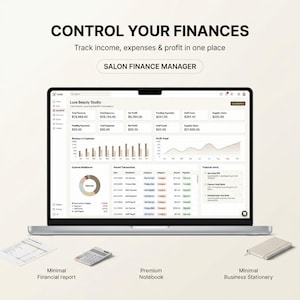 Könnte beinhalten: Ein Laptop-Bildschirm zeigt ein Salon Finance Manager-Dashboard mit Finanzdaten, Diagrammen und Tabellen. Der Text lautet: CONTROL YOUR FINANCES, Track income, expenses & profit in one place, SALON FINANCE MANAGER, Minimal Financial report, Premium Notebook, Minimal Business Stationery.