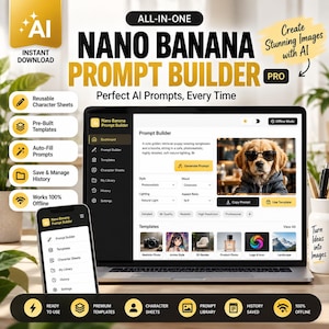 May include: A digital interface for the Nano Banana Prompt Builder Pro displayed on a laptop and smartphone. The screen shows a dashboard with prompt generation tools, template options, and a preview of a golden retriever puppy wearing sunglasses.