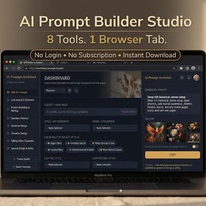 May include: A laptop screen displaying the AI Prompt Builder Studio dashboard with the text 8 Tools. 1 Browser Tab. No Login • No Subscription • Instant Download. The interface features a dark theme with various input fields for prompt generation.