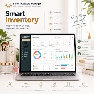 Op de afbeelding: Een laptop toont het Salon Inventory Manager dashboard met grafieken, voorraadgegevens en menu's. Het scherm toont de voorraadwaarde en voorraadactiviteit. De tekst bevat Smart Inventory en Everything you need.
