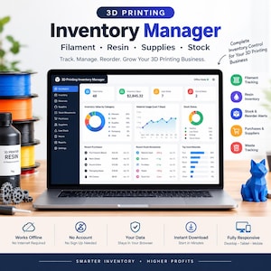 May include: A laptop displaying 3D Printing Inventory Manager software with a dashboard showing charts, stock status, and recent purchases. Beside the laptop are stacked filament spools, a bottle of resin, gears, and a blue geometric cat figure.