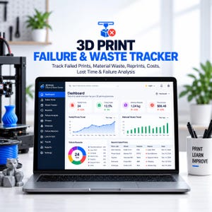 Könnte beinhalten: Ein Laptop zeigt ein Dashboard zur Verfolgung von 3D-Druckfehlern und Materialverschwendung mit Datenvisualisierungen, Diagrammen und Tabellen. Der Bildschirm zeigt Metriken für fehlgeschlagene Drucke, Fehlerraten, Materialabfall in kg und Kosten in Dollar.