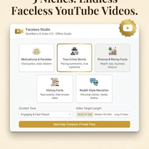 Faceless YouTube Prompt Generator, AI Content Script Tool, Creator Kit (Offline, No Subscription)