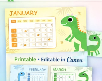 Calendario de dinosaurios 2026 para niños / Plantilla de Canva imprimible y editable