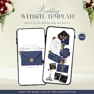 Könnte beinhalten: Navyblaues Hochzeitswebsite-Template, das auf zwei Smartphones angezeigt wird. Das Design umfasst Hochzeitseinladungselemente, florale Akzente und den Text "Wedding WEBSITE TEMPLATE NAVY BLUE WEDDING WEBSITE". Die Vorlage ist in Canva bearbeitbar.