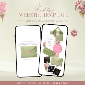 May include: A wedding website template displayed on two smartphones. The design features pink and green elements, including floral accents, envelopes, and a "Save the Date" card. Text includes "Wedding Website Template" and "Pink and Green Wedding Website."