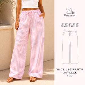May include: Wide leg pants with a pink and white vertical stripe pattern, featuring an elastic waistband with a drawstring tie. The image includes the Dreamora Studio logo, the text Step by Step Sewing Guide, and a technical line drawing of the pants.