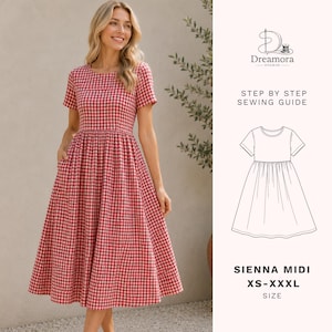 Sienna Midi Dress Sewing Pattern PDF, Minimalist Linen Midi Dress, Short Sleeve Gathered Dress, XS to 3XL A0 A4 US Letter
