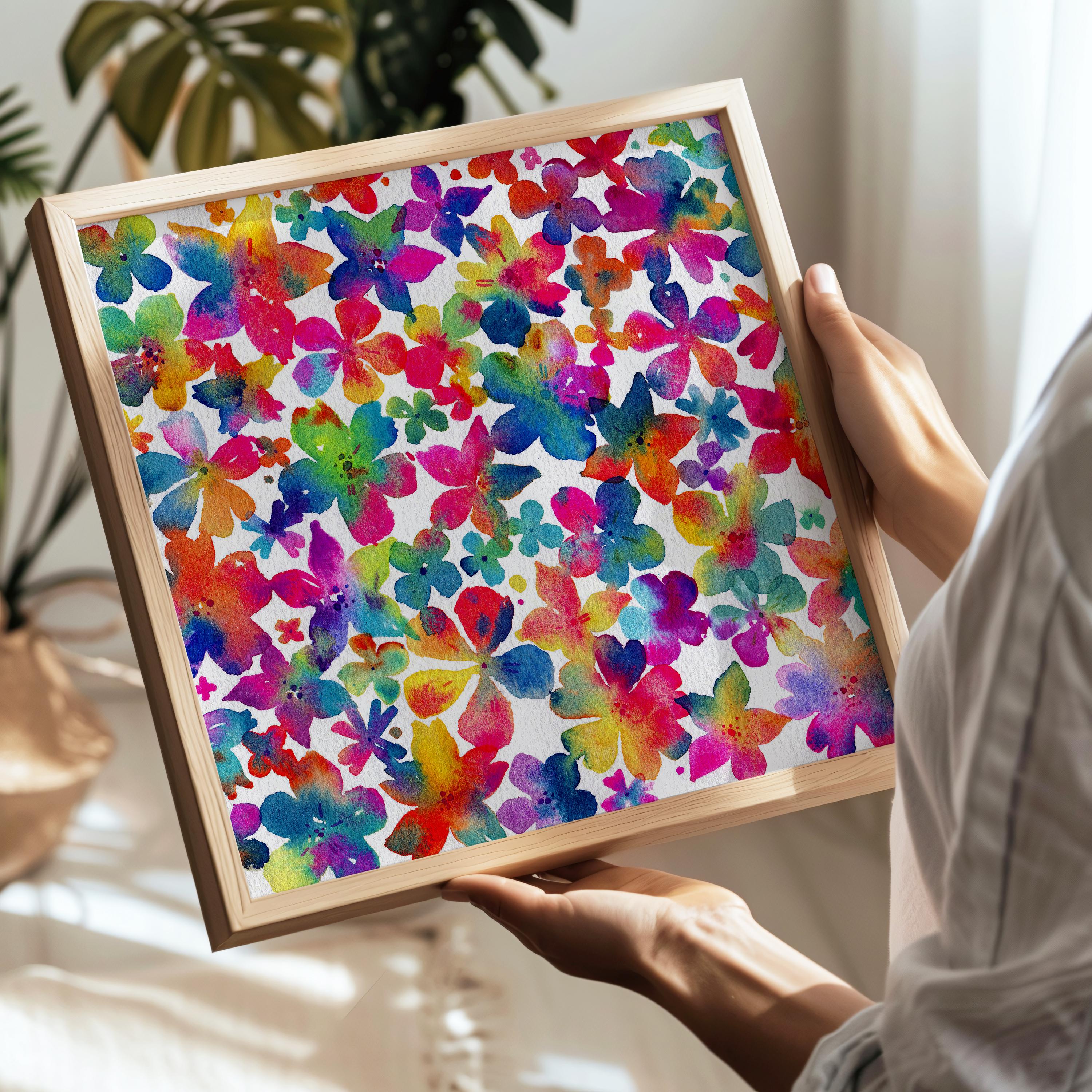 Colorful Rainbow Abstract Floral Wall Art: Watercolor Flower Print ...