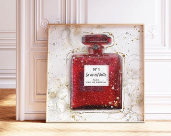 Red Perfume Bottle Wall Art Print: Luxury Gold Silver White Neutral Sparkly Glam Fashion Decor