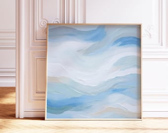 Abstract Neutral Light Blue Coastal Beach Wall Art Print: Luxury Beige Gray White Pastel Ocean Waves Minimalist Stylish Trendy Wall Decor