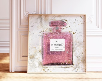 Pink Perfume Bottle Wall Art Print: Luxury Gold Silver White Neutral Sparkly Glam Fashion Decor