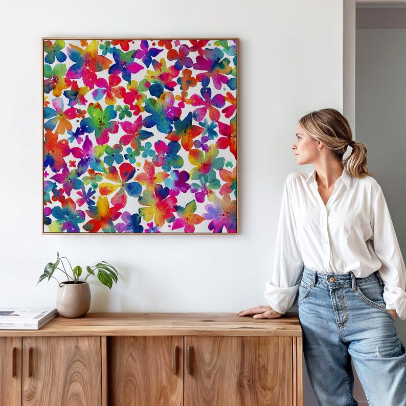 Colorful Rainbow Abstract Floral Wall Art: Watercolor Flower Print ...