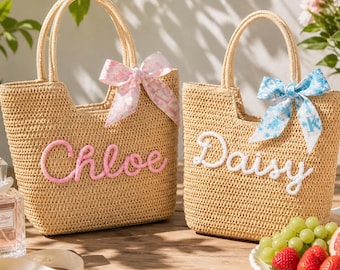 Personalisierte Stroh Strandtasche, Benutzerdefinierte Name häkeln Tote, Brautjungfer Vorschlag Geschenk, Hochzeit Favor Tote, Sommerferien Geschenktasche