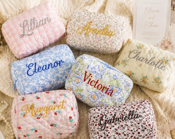 Pochette cosmetiche personalizzate ricamate, pochette cosmetiche personalizzate con motivi floreali, pochette cosmetiche da viaggio, trousse da toilette da donna, regali per damigelle d'onore.