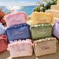 Personalized embroidered plaid makeup bag, Korean-style ruffled cotton makeup bag, bridal makeup bag. A bridesmaid gift, a present for her product logo