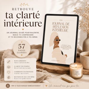 Peut inclure: Une tablette numérique affichant la couverture d'un journal de réflexion 2026 avec l'illustration d'une personne en serviette et lunettes. Le texte indique "JOURNAL DE RÉFLEXION INTÉRIEURE", "ESSENCE DIVINE" et "57 PAGES GUIDÉES".