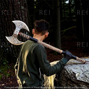 May include: A double-bladed axe with intricate Celtic knotwork on the blades and handle. The axe features a wooden handle with a leather grip and decorative carvings. The axe is held over the shoulder against a backdrop of a forest.