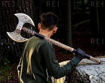 両刃のバイキング斧、彫刻入りの北欧斧、手作りの木製柄の斧、男性へのバイキングギフト、中世の戦闘斧、コスプレ装飾