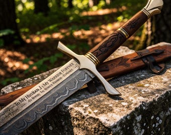Hand Forged Damascus Sword With Engraving, Fantasy LOTR Inspired Sword, Medieval Sword Gift For Him, Custom Engraved Blade, Collector Sword