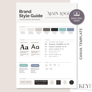 A brand style guide template sheet with color palettes, typography, button styles, and logo variations, with a quick start video overlay.