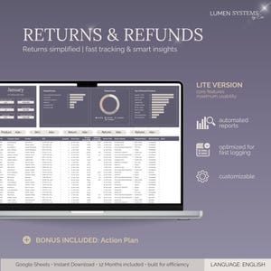 Puede incluir: Una pantalla de portátil muestra una hoja de cálculo titulada "RETURNS & REFUNDS". La pantalla muestra gráficos y tablas de datos, con las palabras "LITE VERSION" y "informes automatizados". La imagen incluye el texto "Google Sheets" y "Descarga instantánea".