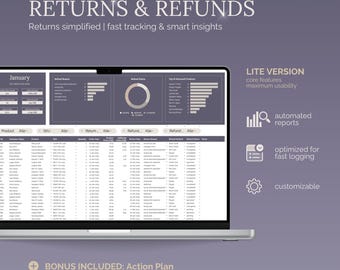Retourtracker - Terugbetalingstracker (Lite) | Slimme Google Sheets-tool voor snelle retourregistratie, KPI's en overzicht – 12 maanden (ENGELS)