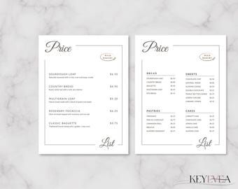 Bakery Menu Template | Price List Template for Bakers | Minimalist Printable Menu | Editable Canva, 2 Designs