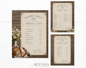 Bakery Menu Template | Price List Template for Bakers | Farmers Market Sign | Editable Canva Menu, 3 Designs