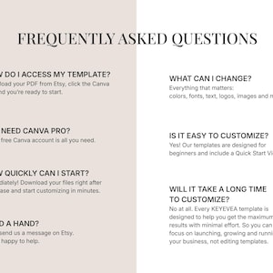 A frequently asked questions page detailing access, Canva Pro requirements, customization ease, and support.